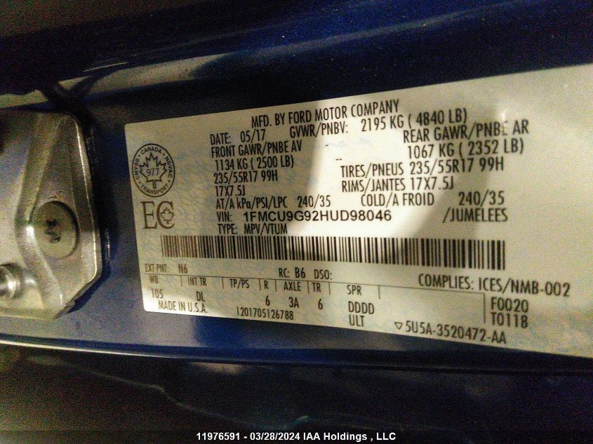 2017 Ford Escape Se VIN: 1FMCU9G92HUD98046 Lot: 39226527