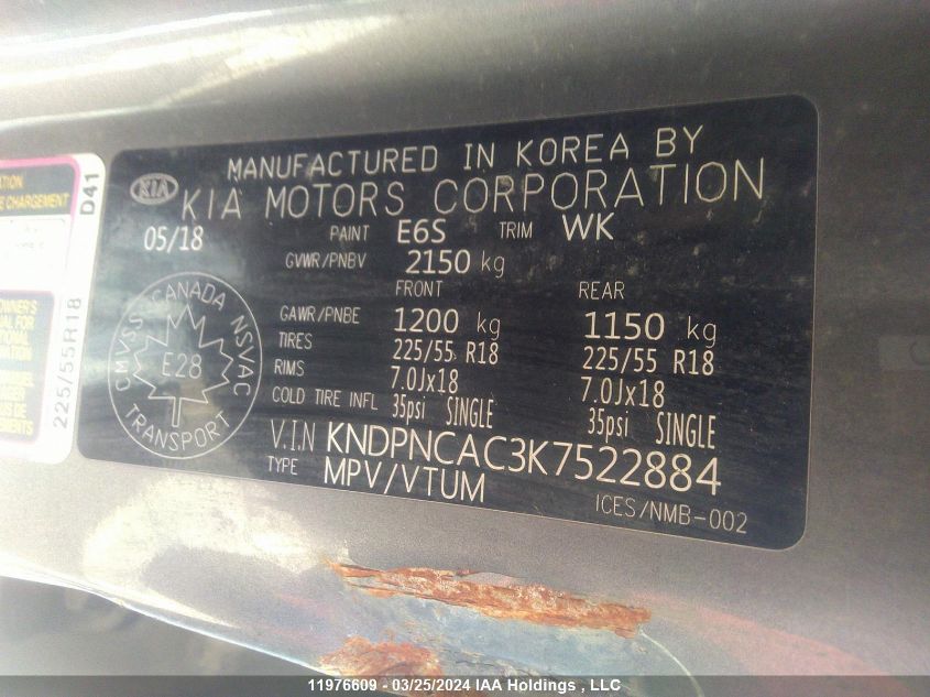 2019 Kia Sportage VIN: KNDPNCAC3K7522884 Lot: 11976609