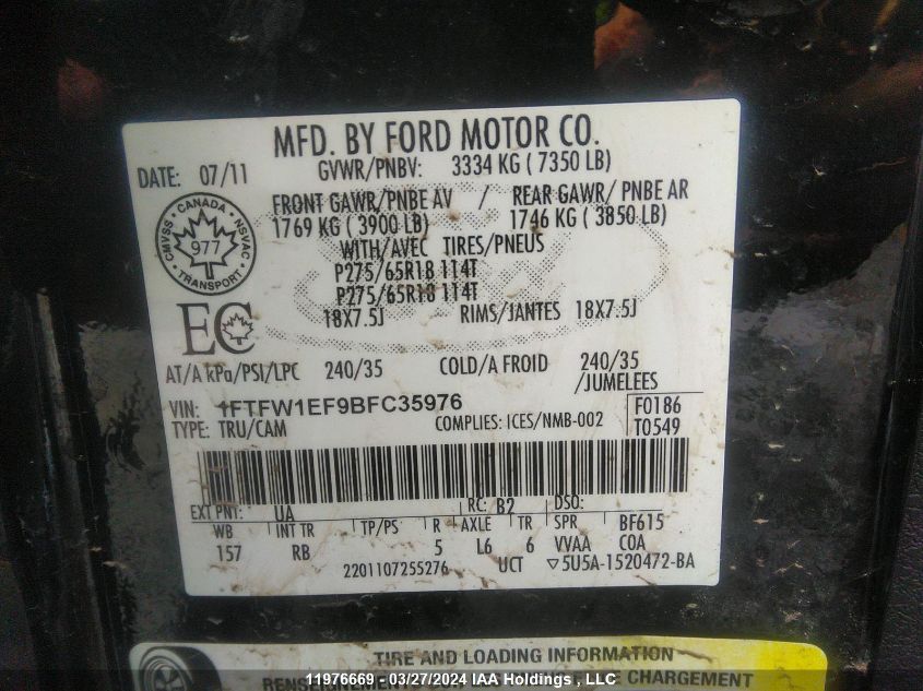 2011 Ford F150 Supercrew VIN: 1FTFW1EF9BFC35976 Lot: 39241578