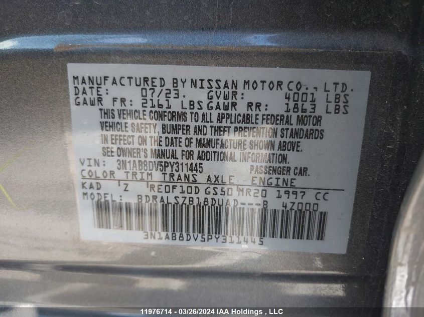 2023 Nissan Sentra Sr Xtronic Cvt VIN: 3N1AB8DV5PY311445 Lot: 11976714