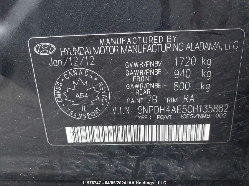 2012 Hyundai Elantra Gls VIN: 5NPDH4AE5CH135882 Lot: 11976747