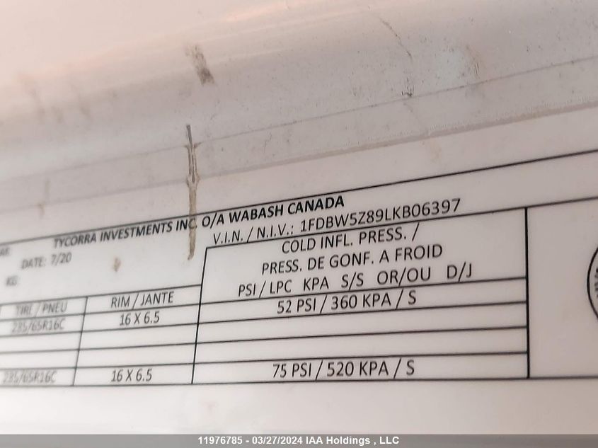 2020 Ford Transit T-350 VIN: 1FDBW5Z89LKB06397 Lot: 11976785