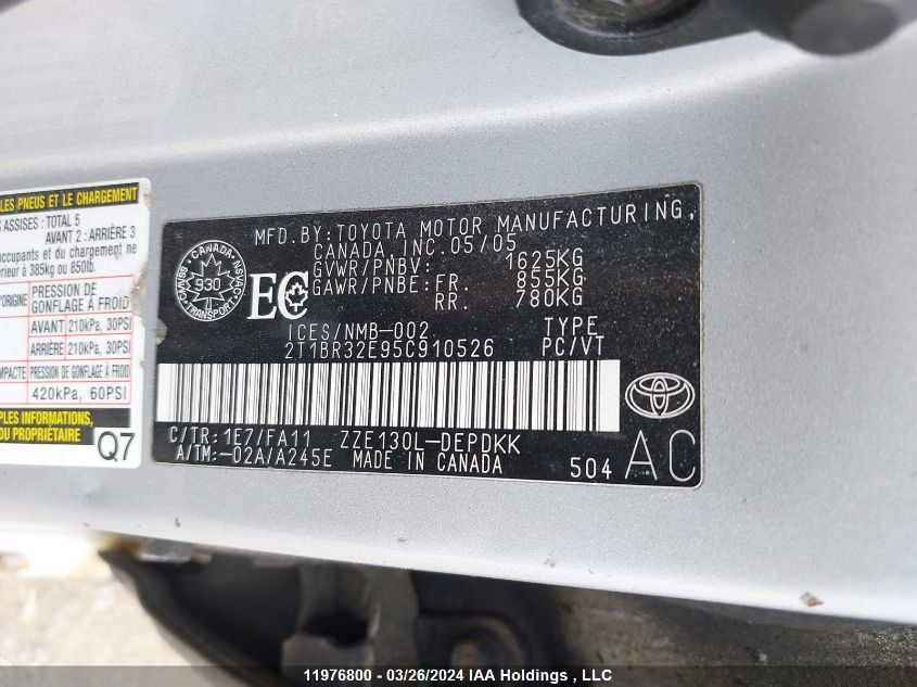 2005 Toyota Corolla Ce/Le/S VIN: 2T1BR32E95C910526 Lot: 39241027