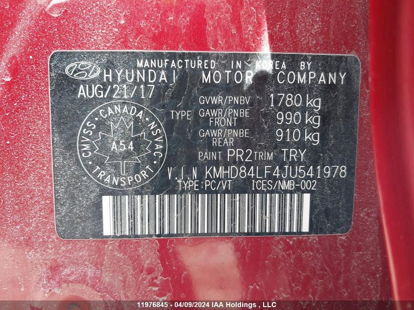 2018 Hyundai Elantra Sel/Value/Limited VIN: KMHD84LF4JU541978 Lot: 11976845