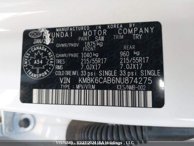 2022 Hyundai Kona Sel VIN: KM8K6CAB6NU874275 Lot: 11976849