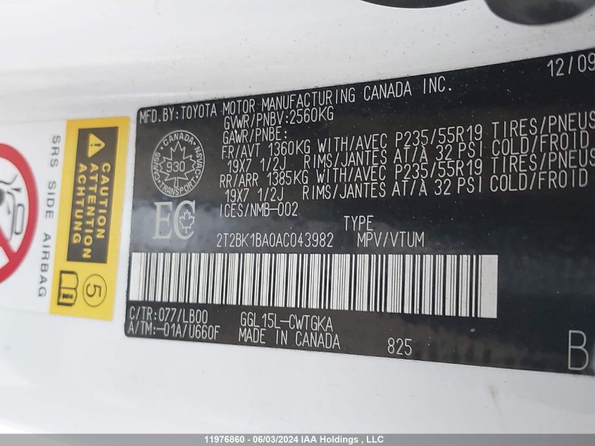 2010 Lexus Rx 350 VIN: 2T2BK1BA0AC043982 Lot: 11976860