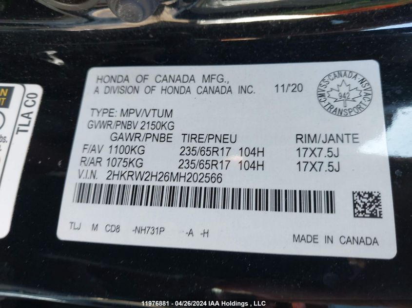 2021 Honda Cr-V Lx VIN: 2HKRW2H26MH202566 Lot: 11976881