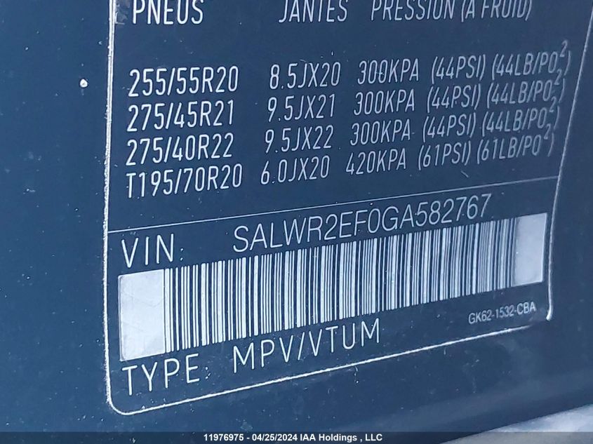 2016 Land Rover Range Rover Sport VIN: SALWR2EF0GA582767 Lot: 11976975