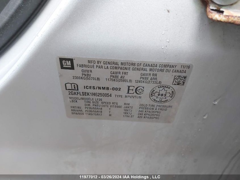 2017 GMC Terrain VIN: 2GKFLSEK1H6250054 Lot: 11977012