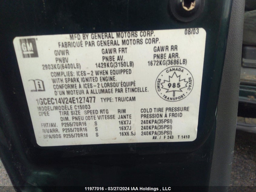 2004 Chevrolet Silverado 1500 VIN: 1GCEC14V24E127477 Lot: 11977016