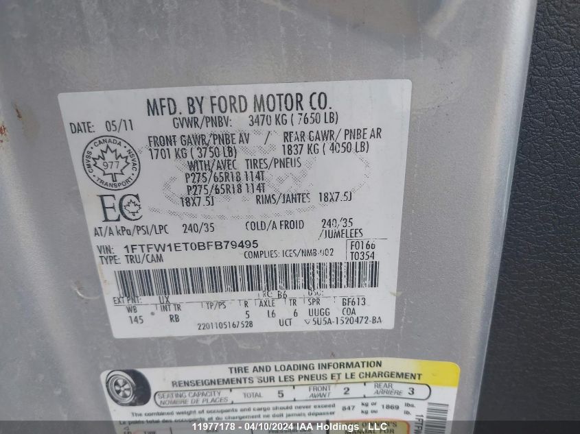 2011 Ford F150 Supercrew VIN: 1FTFW1ET0BFB79495 Lot: 11977178