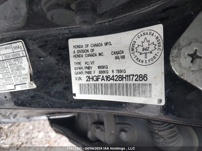 2008 Honda Civic Dx-G VIN: 2HGFA16428H117286 Lot: 11977305