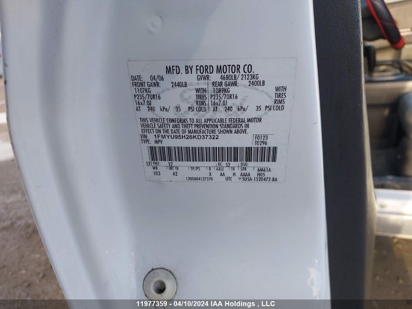 2006 Ford Escape Hybrid VIN: 1FMYU95H26KD37322 Lot: 11977359