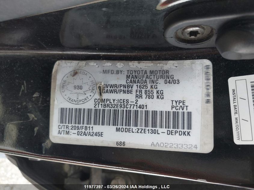 2003 Toyota Corolla Ce/Le/S VIN: 2T1BR32E93C771401 Lot: 11977397