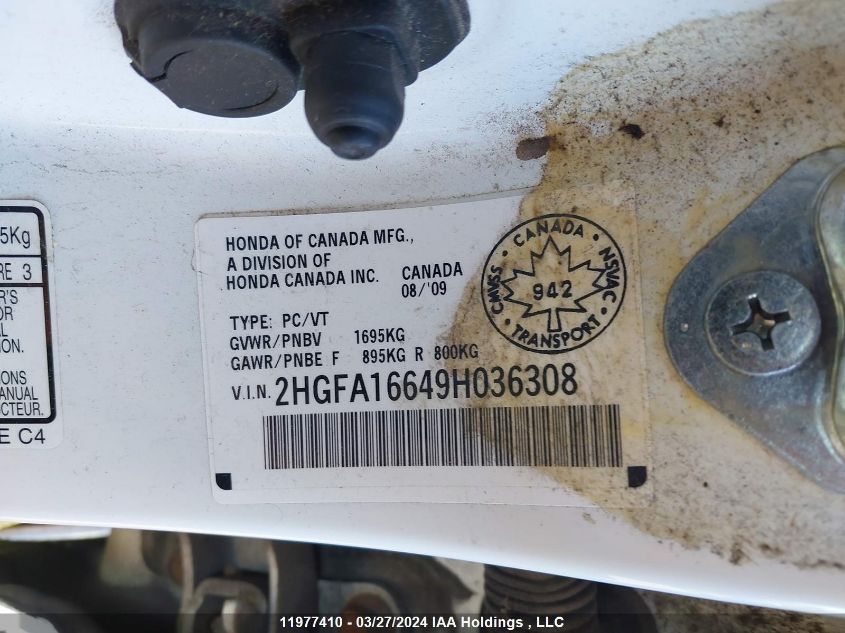 2009 Honda Civic VIN: 2HGFA16649H036308 Lot: 11977410