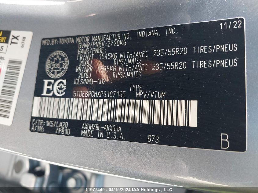 2023 Toyota Highlander Hybrid Limited/Hybrid Platinum VIN: 5TDEBRCHXPS107165 Lot: 11977449