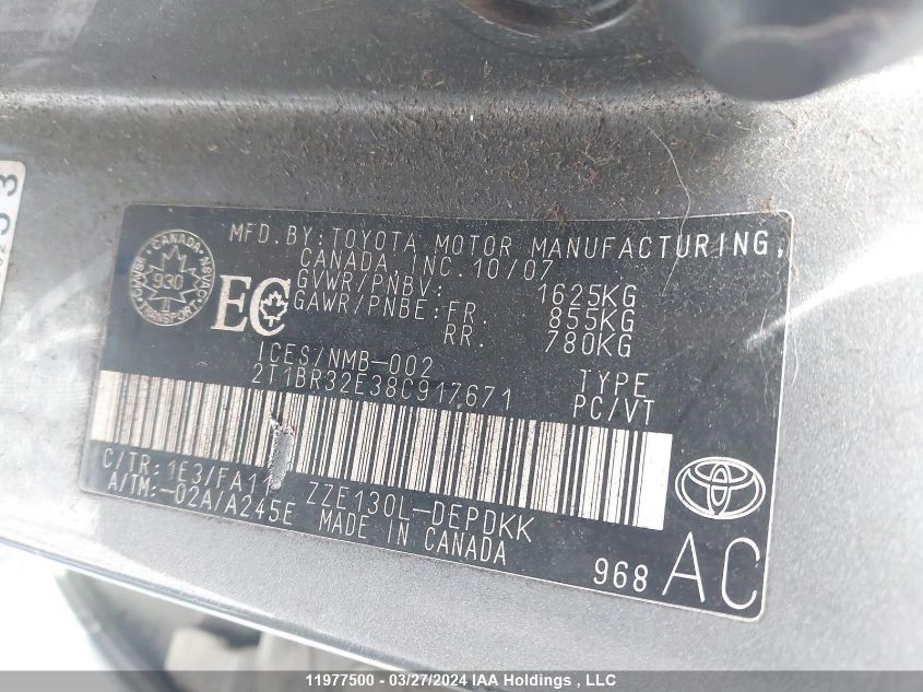 2008 Toyota Corolla Le VIN: 2T1BR32E38C917671 Lot: 11977500