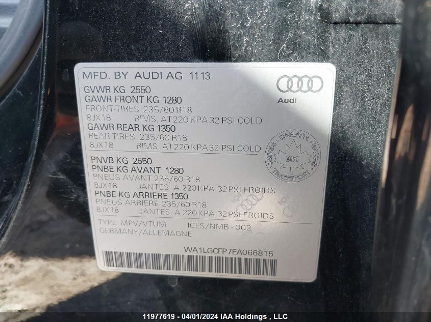 2014 Audi Q5 Premium Plus VIN: WA1LGCFP7EA066815 Lot: 11977619