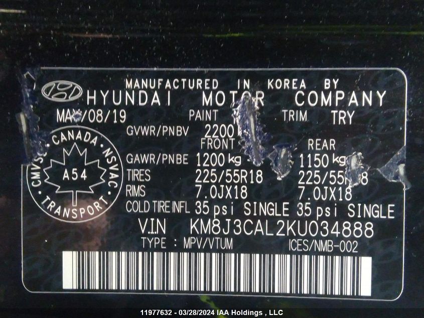 2019 Hyundai Tucson Limited/Sel/Sport/Ultimate/Value/Night VIN: KM8J3CAL2KU034888 Lot: 39236972