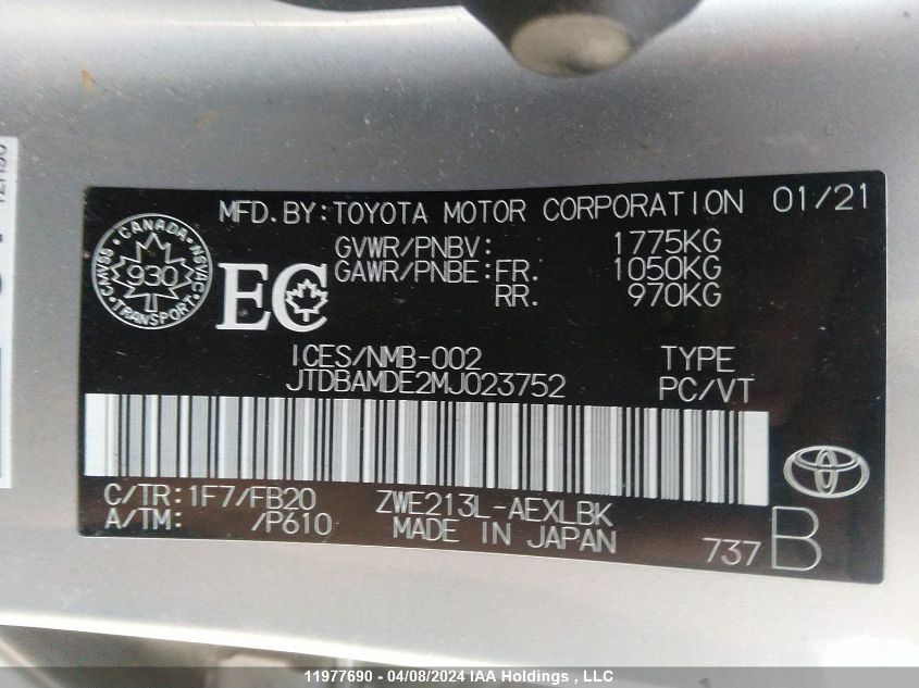 2021 Toyota Corolla Hybrid Base W/Li Battery VIN: JTDBAMDE2MJ023752 Lot: 39242769