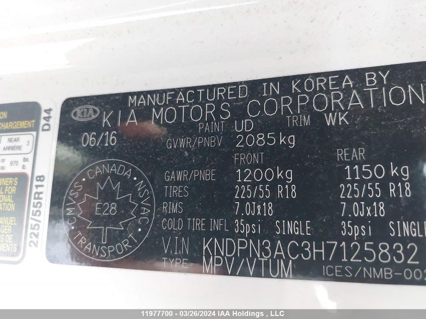 2017 Kia Sportage VIN: KNDPN3AC3H7125832 Lot: 11977700