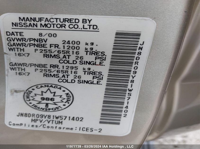 2001 Nissan Pathfinder Le/Se/Xe VIN: JN8DR09Y81W571402 Lot: 11977739