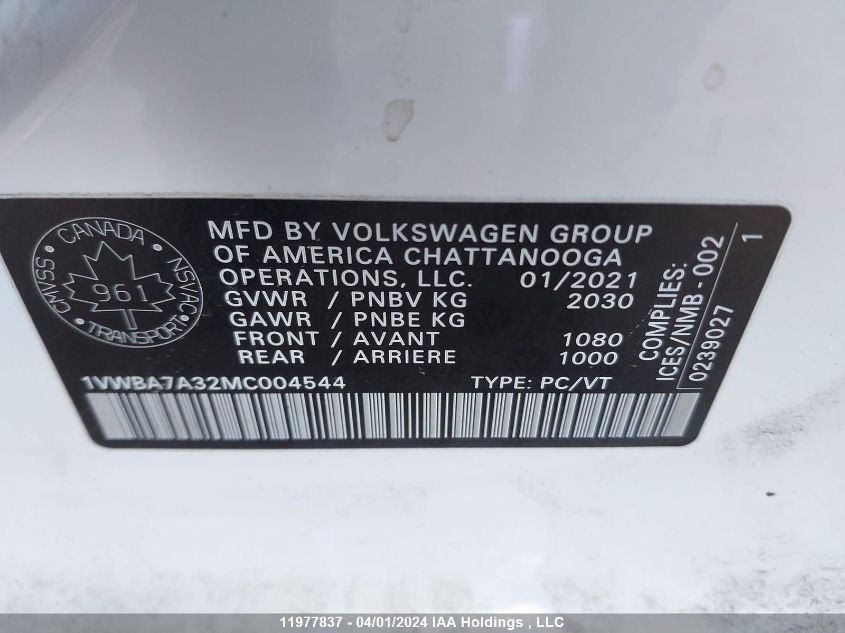 2021 Volkswagen Passat VIN: 1VWBA7A32MC004544 Lot: 11977837