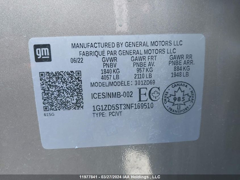 2022 Chevrolet Malibu Lt VIN: 1G1ZD5ST3NF169510 Lot: 11977841