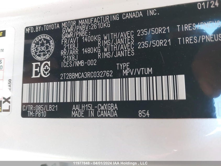 2024 Lexus Rx 350H VIN: 2T2BBMCA3RC032762 Lot: 11977848