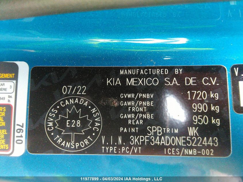 2022 Kia Forte VIN: 3KPF34AD0NE522443 Lot: 11977899