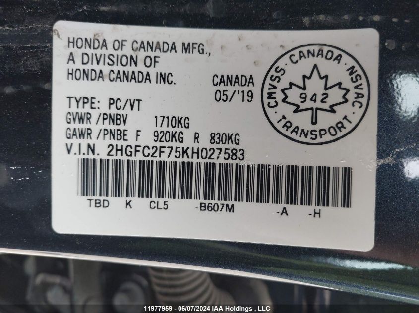 2019 Honda Civic Sedan VIN: 2HGFC2F75KH027583 Lot: 11977959