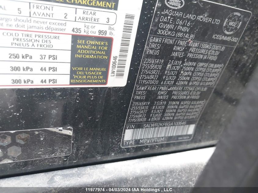2016 Land Rover Range Rover Sport Hse VIN: SALWR2KF6GA100646 Lot: 11977974