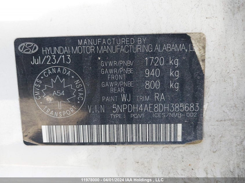 2013 Hyundai Elantra Gls VIN: 5NPDH4AE8DH385683 Lot: 11978000