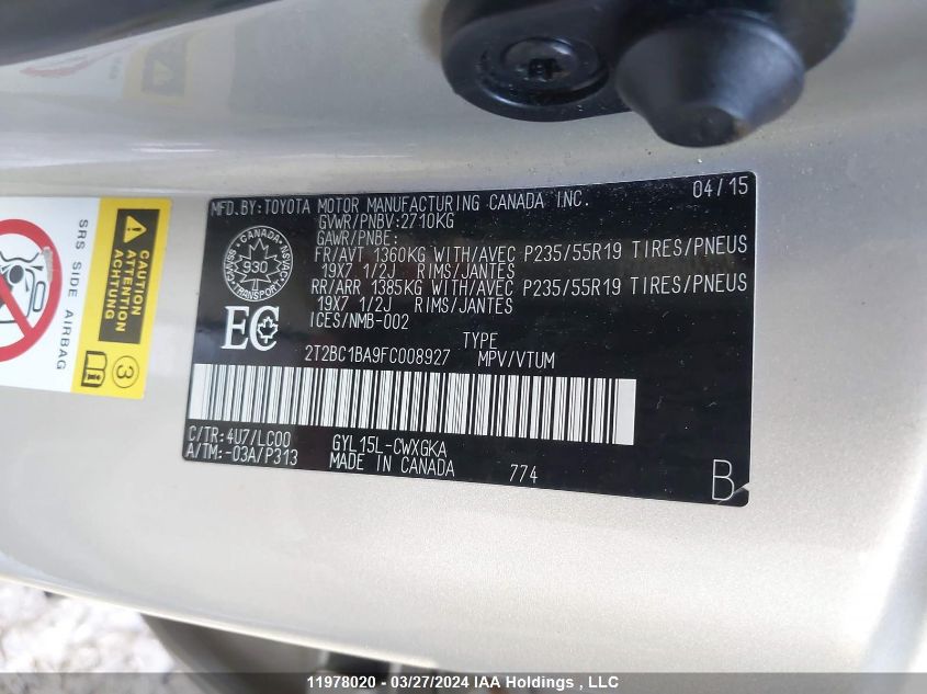 2015 Lexus Rx 450H VIN: 2T2BC1BA9FC008927 Lot: 11978020