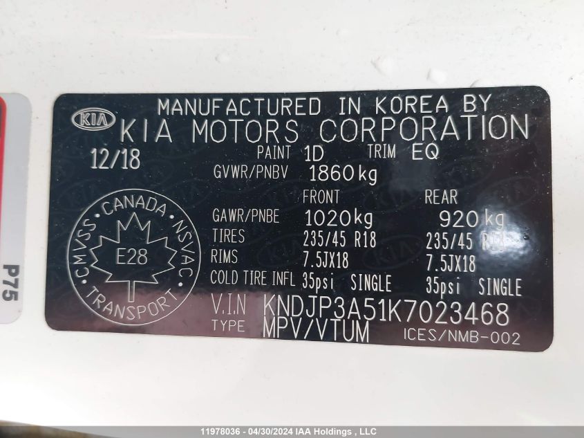 2019 Kia Soul VIN: KNDJP3A51K7023468 Lot: 11978036