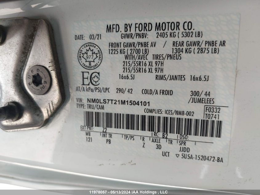 2021 Ford Transit Connect Xlt VIN: NM0LS7T21M1504101 Lot: 11978057