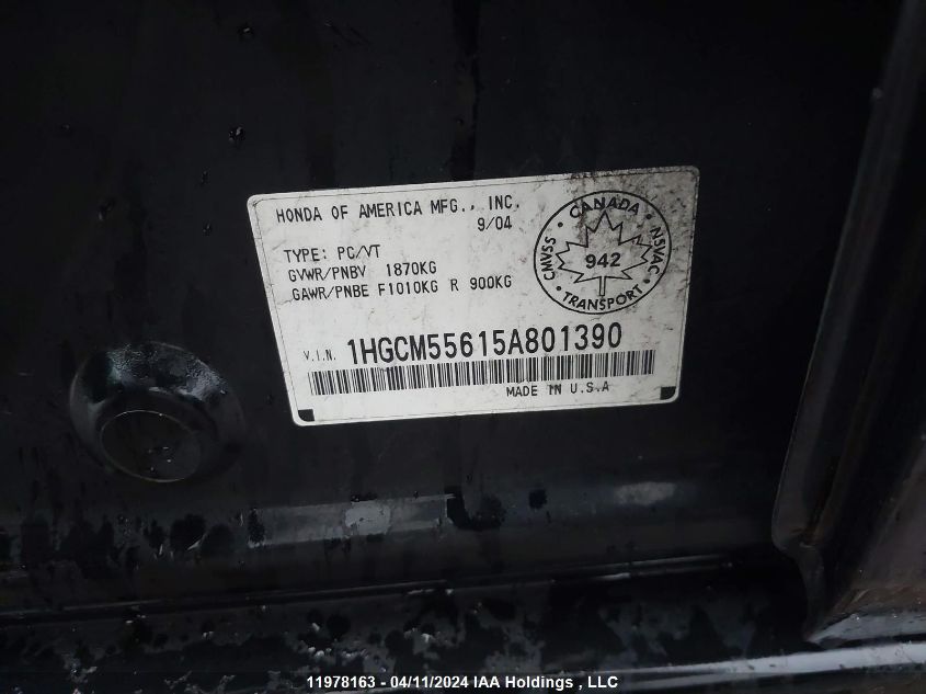 2005 Honda Accord Sdn VIN: 1HGCM55615A801390 Lot: 11978163