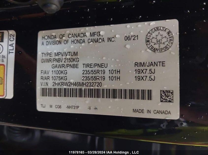2021 Honda Cr-V VIN: 2HKRW2H46MH232720 Lot: 11978165