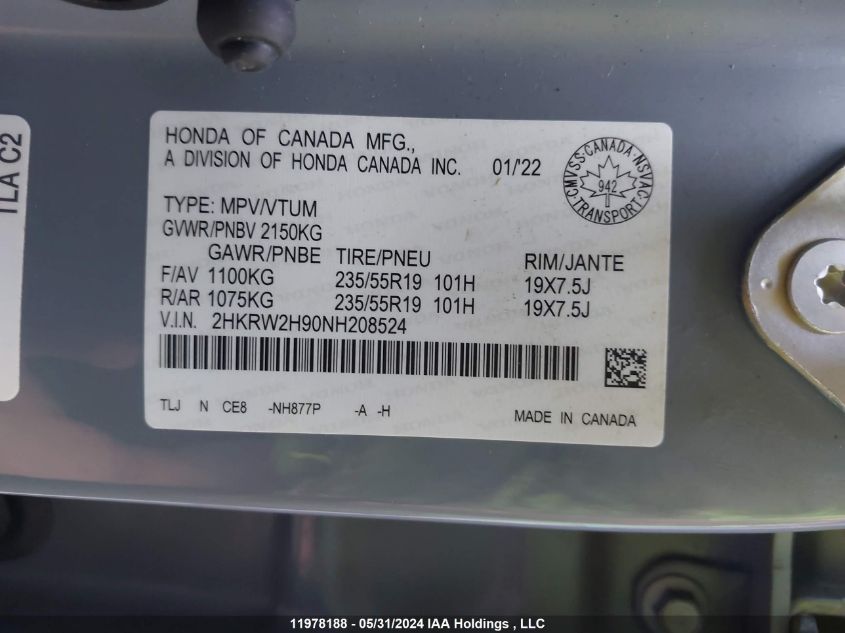 2022 Honda Cr-V VIN: 2HKRW2H90NH208524 Lot: 11978188