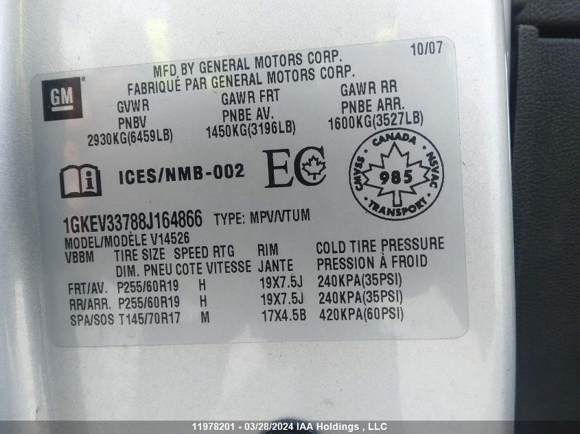 2008 GMC Acadia Slt-2 VIN: 1GKEV33788J164866 Lot: 39240653