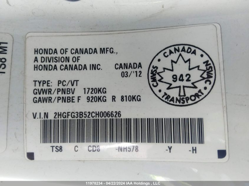 2012 Honda Civic Lx VIN: 2HGFG3B52CH006626 Lot: 11978234