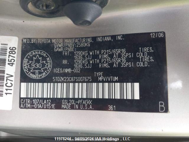 2007 Toyota Sienna Ce/Le VIN: 5TDZK23C87S007675 Lot: 11978244