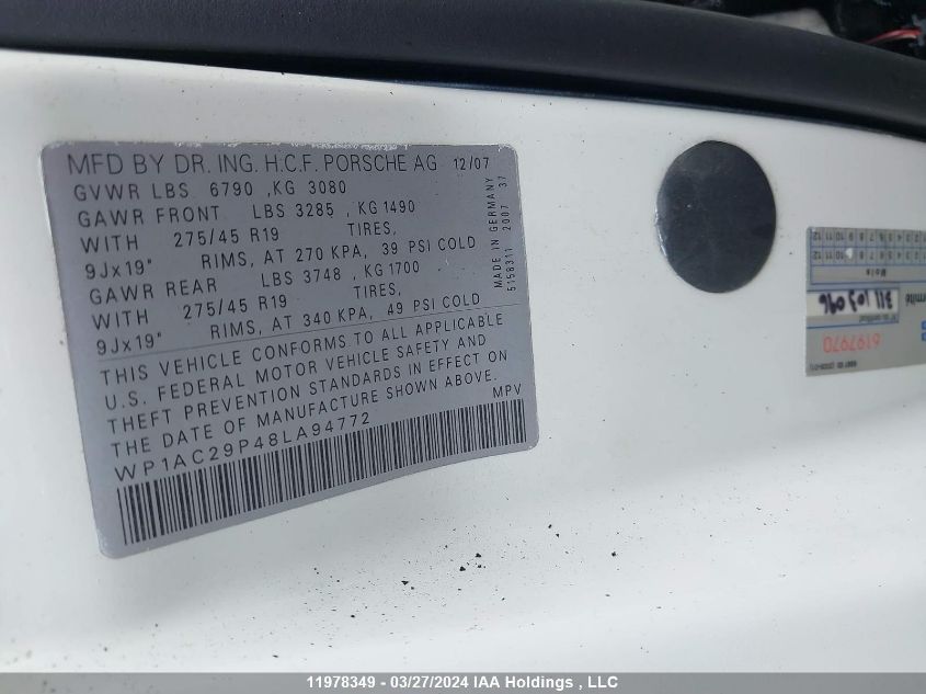 2008 Porsche Cayenne VIN: WP1AC29P48LA94772 Lot: 11978349