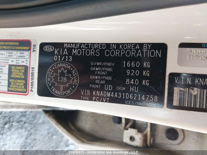 2013 Kia Rio VIN: KNADM4A31D6214758 Lot: 11978375