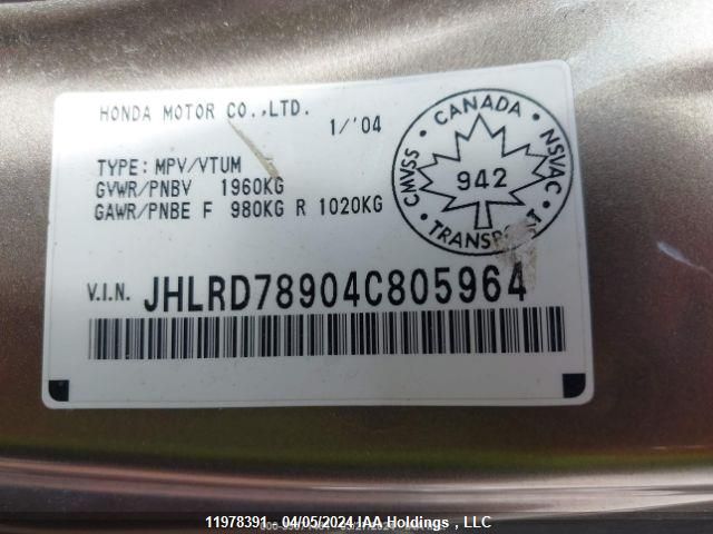 2004 Honda Cr-V VIN: JHLRD78904C805964 Lot: 11978391