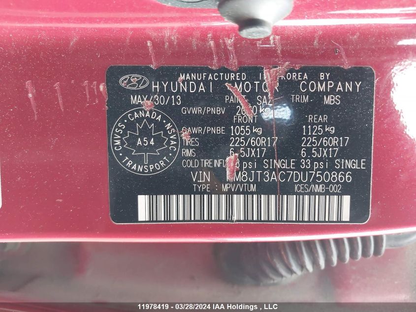 2013 Hyundai Tucson VIN: KM8JT3AC7DU750866 Lot: 11978419