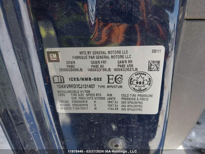 2012 GMC Acadia VIN: 1GKKVRED7CJ131407 Lot: 11978446