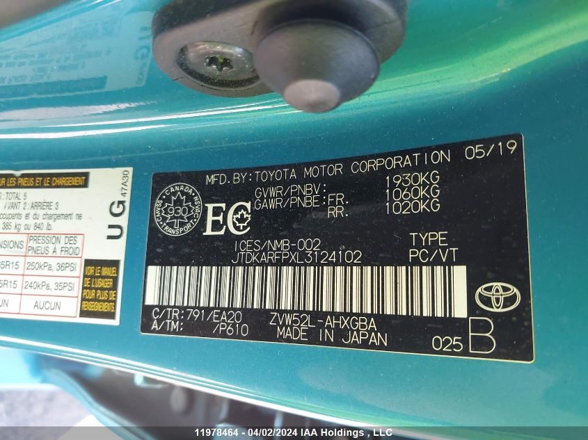 2020 Toyota Prius Prime Le/Xle/Limited VIN: JTDKARFPXL3124102 Lot: 11978464