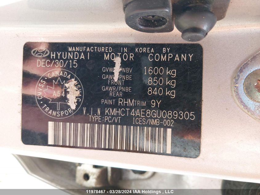 2016 Hyundai Accent VIN: KMHCT4AE8GU089305 Lot: 11978467