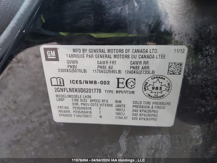 2013 Chevrolet Equinox VIN: 2GNFLNEK9D6201778 Lot: 11978494